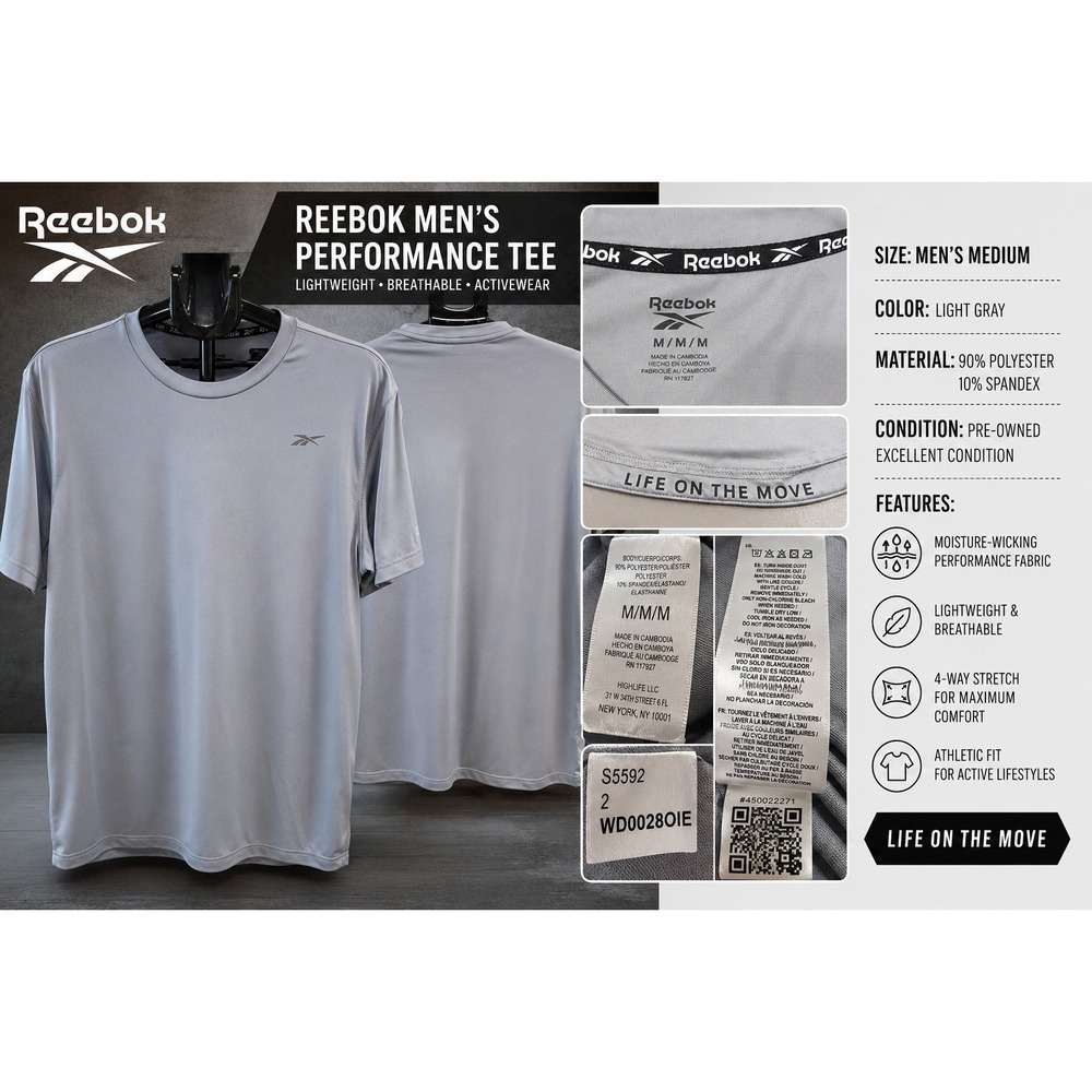Reebok Mens Grey Life On The Move Athletic Performance T-Shirt Size M REM24TTS17